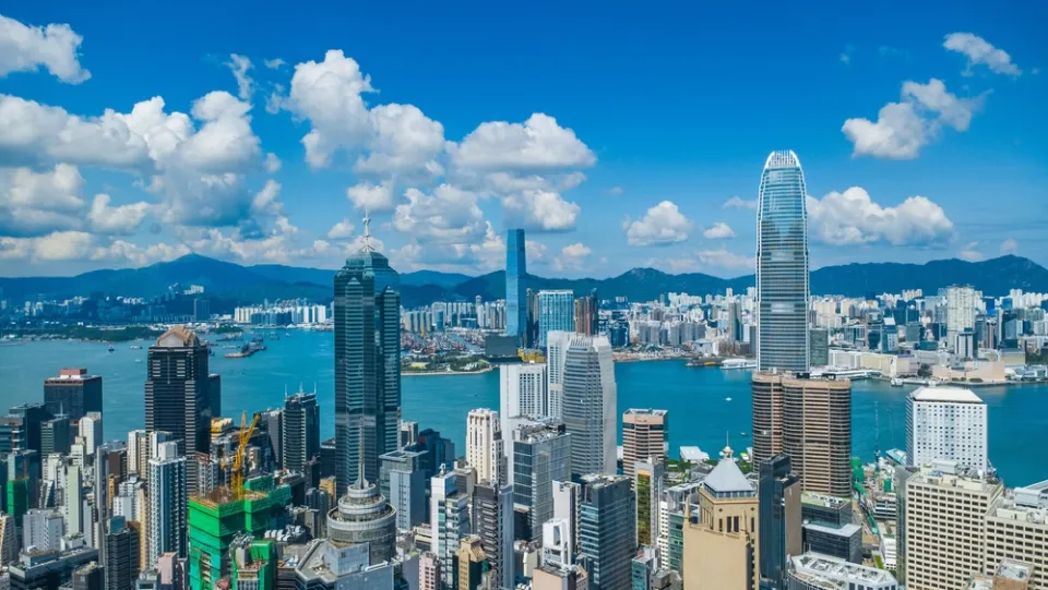 Hong Kong daytime panorama — aerial view of the business district and Victoria Harbour