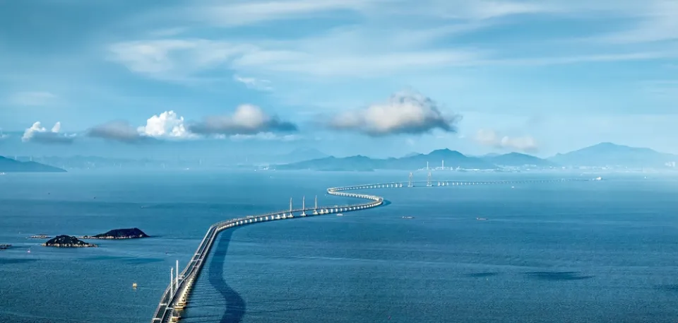 Tsing Ma Bridge in Hong Kong — one of the world's largest suspension bridges set against a mountain landscape