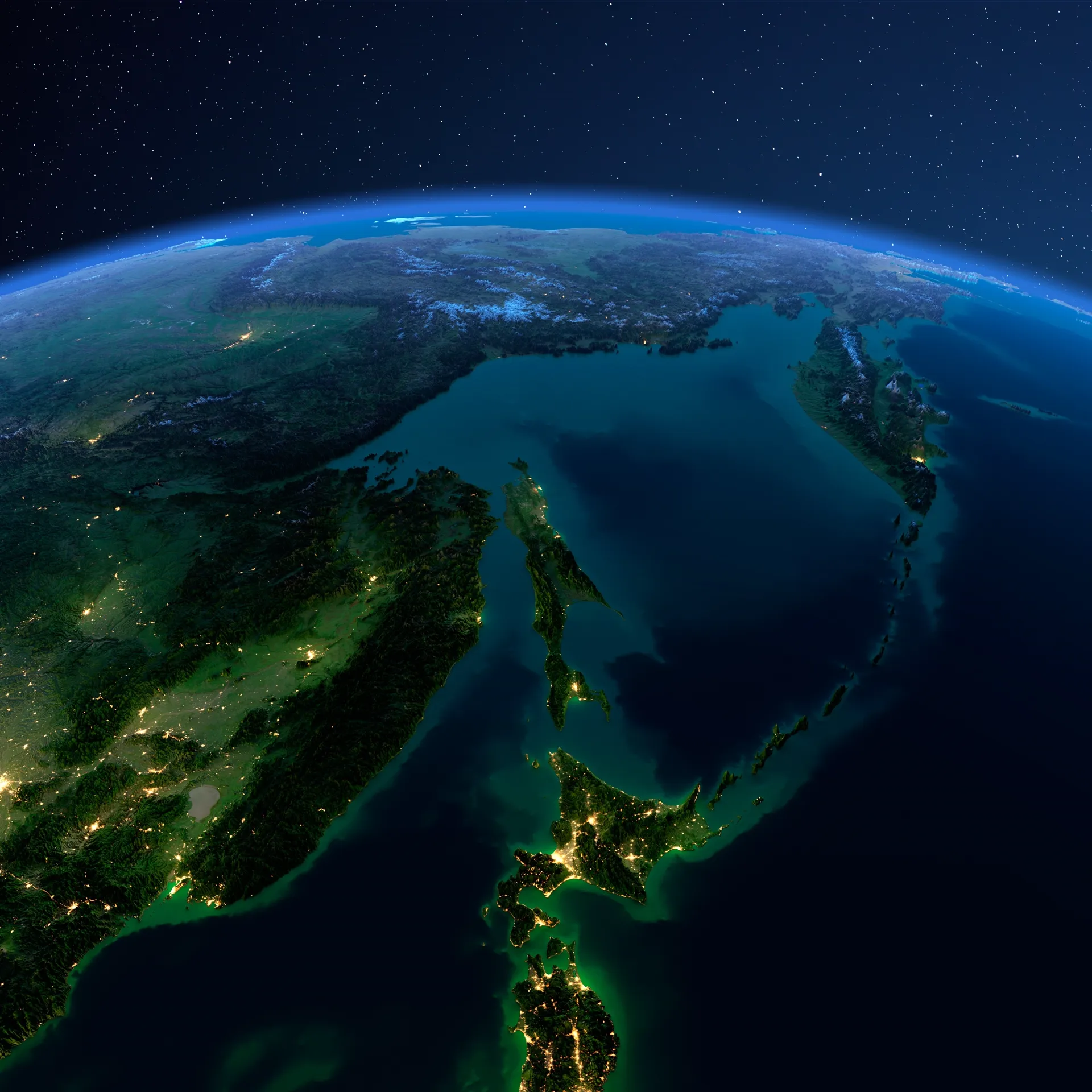 萨哈林岛 — 从太空拍摄的俄罗斯远东夜景
